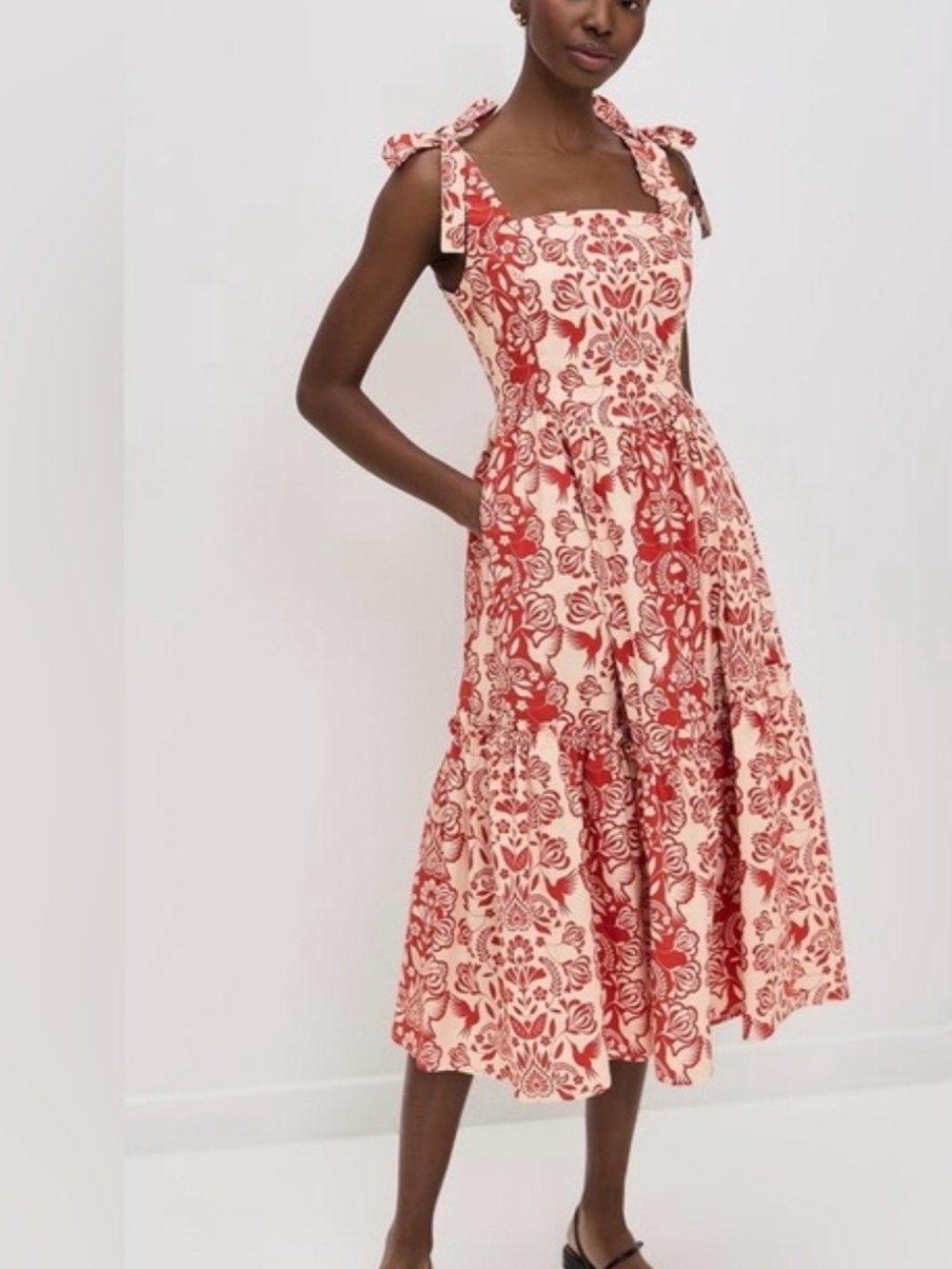 The Lulo Project Tie-Shoulder Floral Midi Dress in Cream and Red
